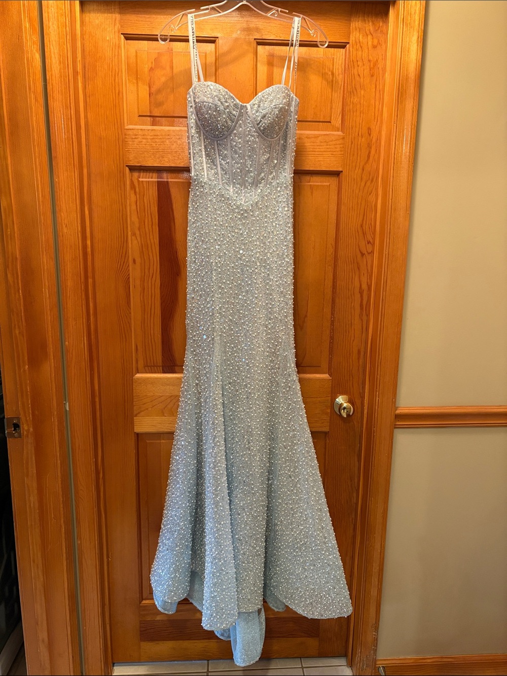 Portia and Scarlett Beaded Light Blue Corset Maxi Gown